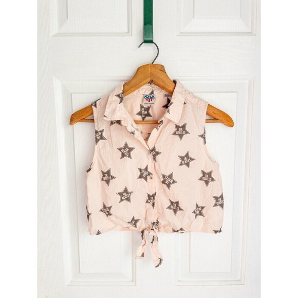 Junk Food Girls The Beatles Crop Top Button Down Tie Front Shirt size Large - Picture 1 of 3